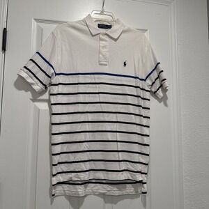 Polo‎ Ralph Lauren Polo Shirt Men's M White Blue Striped Cotton